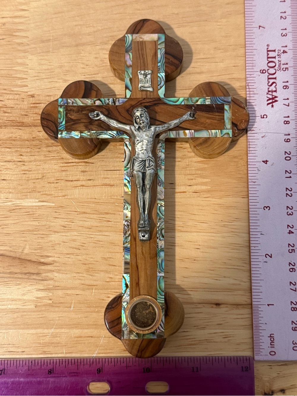 7” Wooden Crucifix with Abalone Inlay and holy earth Jerusalem catholic blessed